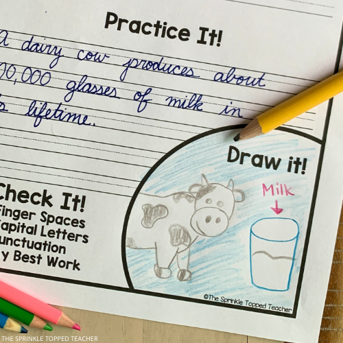 One tip for improving handwriting is to draw. This is an image of a cow and milk drawn by a student.