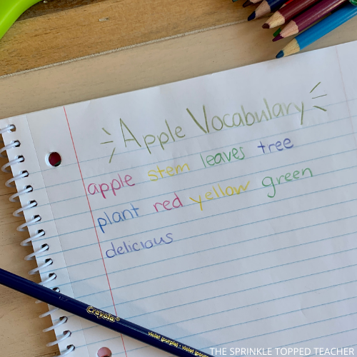 A fourth tip for improving handwriting is to practice rainbow writing. This student has written apple vocabulary in different colors.