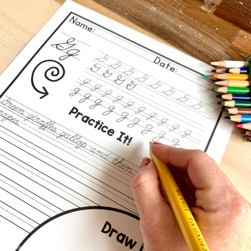 A student works on a cursive handwriting worksheet featuring the letter G using a number two pencil.