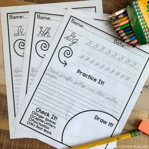 A student works on a cursive handwriting worksheet featuring the letter G using a number two pencil.