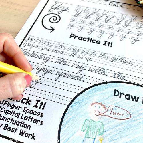 A student works on a cursive handwriting worksheet featuring the letter Y using a number two pencil.