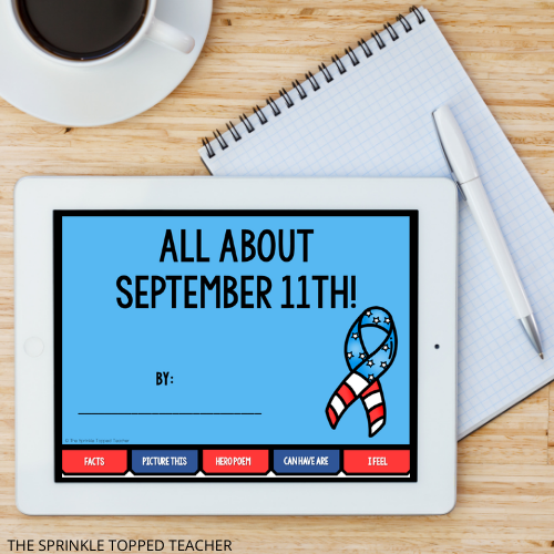 The digital version of the Patriot Day Activity on an Ipad. The iPad is on a graph paper notebook and there is a pen nearby.