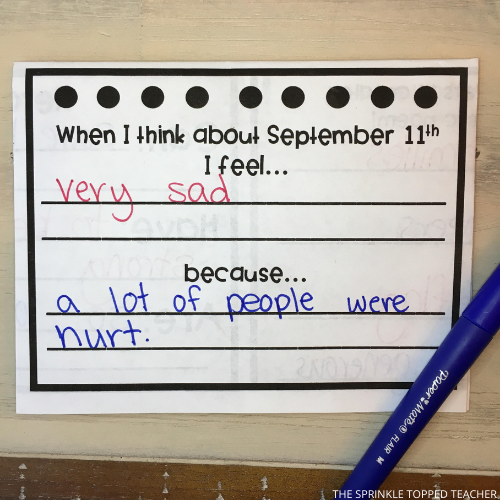 This page of the patiot day foldable activity invites students to share their feelings when they think of 9/11.