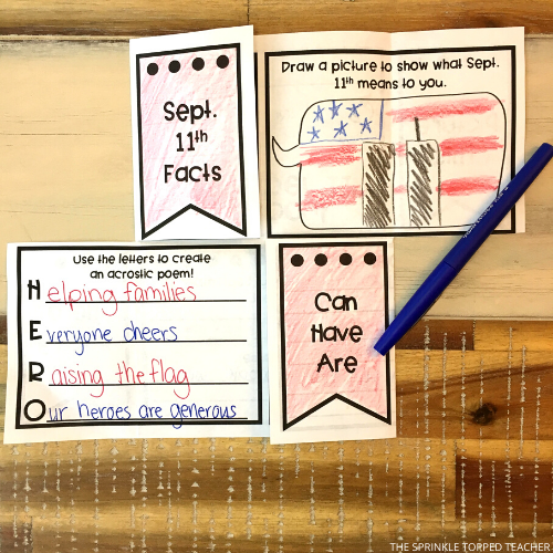 Another image of the patriot day foldable activity. Student has written in the answers and colored a picture to represent their words.
