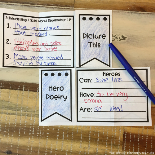 The inside of a Patriot Day activity foldable. Student has written in blue and red ink.