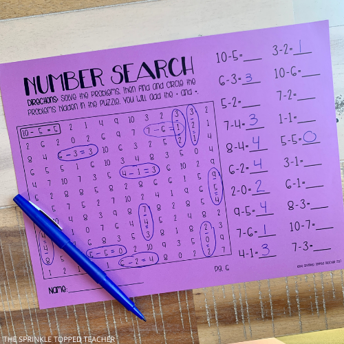 Number Search as a Math Facts Worksheets to practice subtraction in second grade.