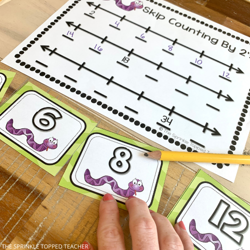 A student uses the snake number cards to complete their skip counting activity.