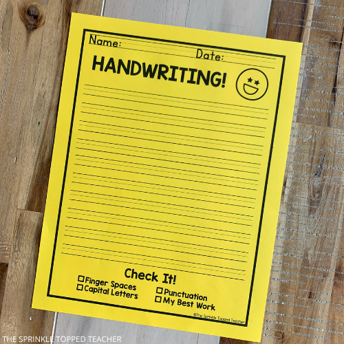Blank Handwriting Pages to improve student writing printed on colorful paper. Check It space at the bottom for self-checking.