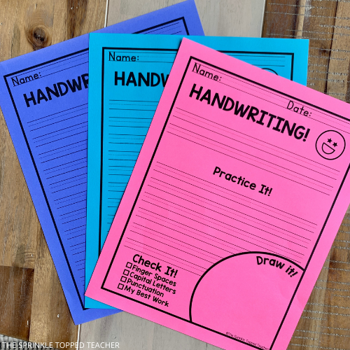 Blank Handwriting Pages to improve student writing printed on colorful paper. Check it spaces at the bottom for self-checking.