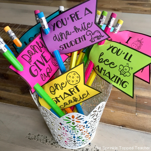 Print out, multi-colored pencil flag toppers for a testing treat for students