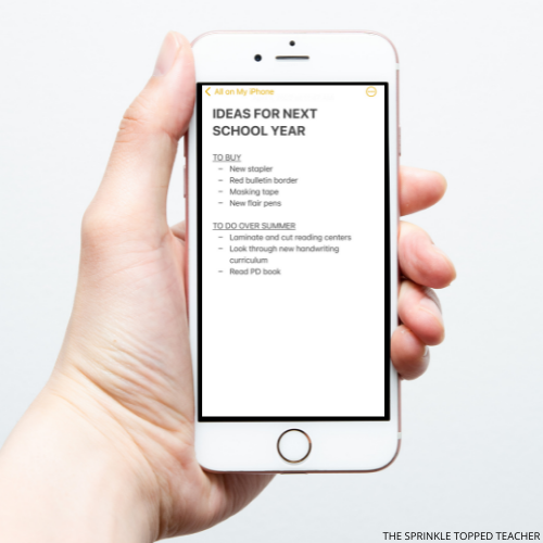 hand holding iphone with a list of tasks for teachers to use when prepping for the next school year