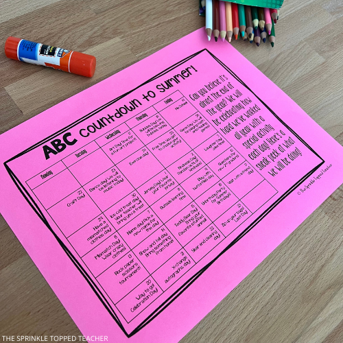 Pink ABC Countdown to summer activity with glue stick and colored pencils
