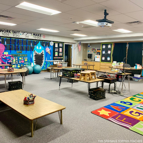 keep a routine during the end of the year to help students stay focused, photo includes image of a classroom with large shark and flexible seating