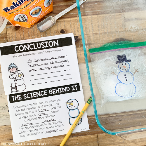 Ziplock bag with a snowman drawn on it filled with baking soda and vinegar. Science experiment sheet and a pencil. 
