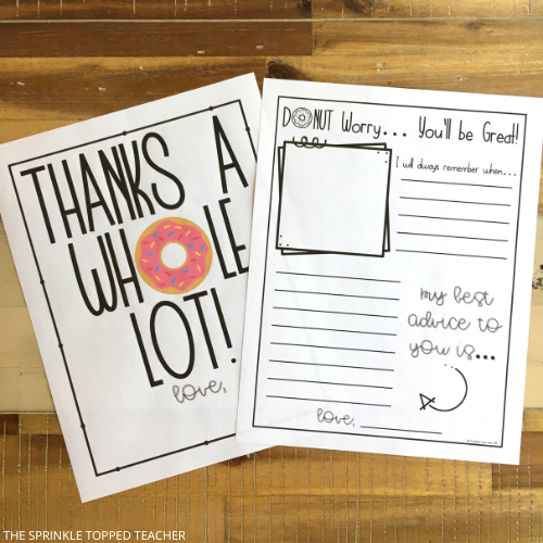 Donut themed memory book and writing prompt page for students to complete as a gift for their student teacher.